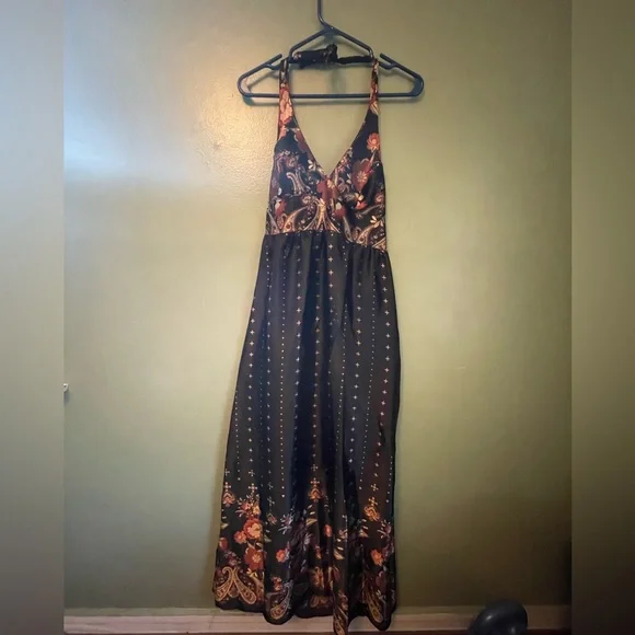 Dresses | Black And Brown Satin Maxi Halter Dress | Poshmark